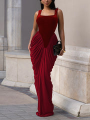Fashion Patchwork Velvet Sleeveless Stacked Ruched Maxi Dress
