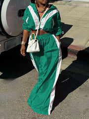 Patchwork Contrast Zipper Collar Sports Two Pieces Set