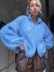 Fuzzy Sequin Zip Front Knit Cardigan