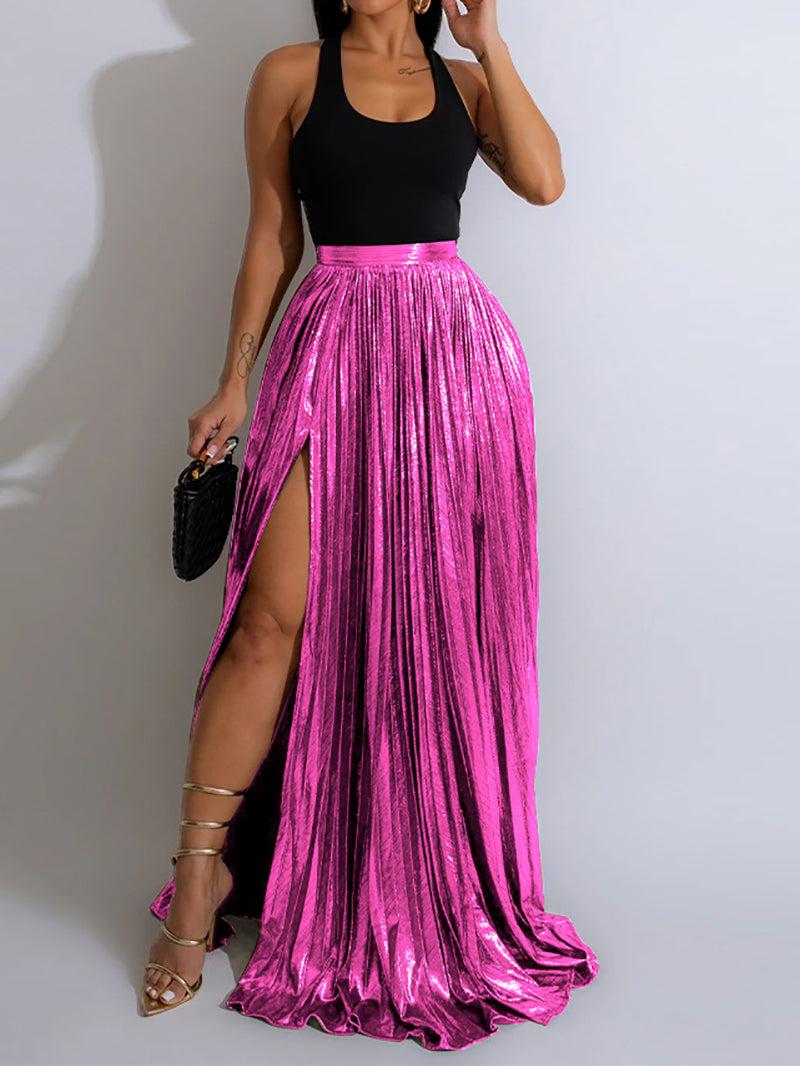 Fashion Metallic Pleated High-Slit Skirt