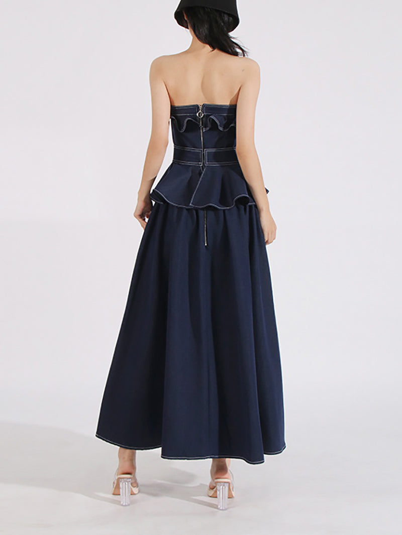 Fashion Strapless Ruffles Slim Maxi Dress