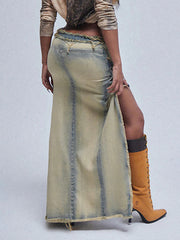 Denim Patchwork Irregularity Slit Long Skirt