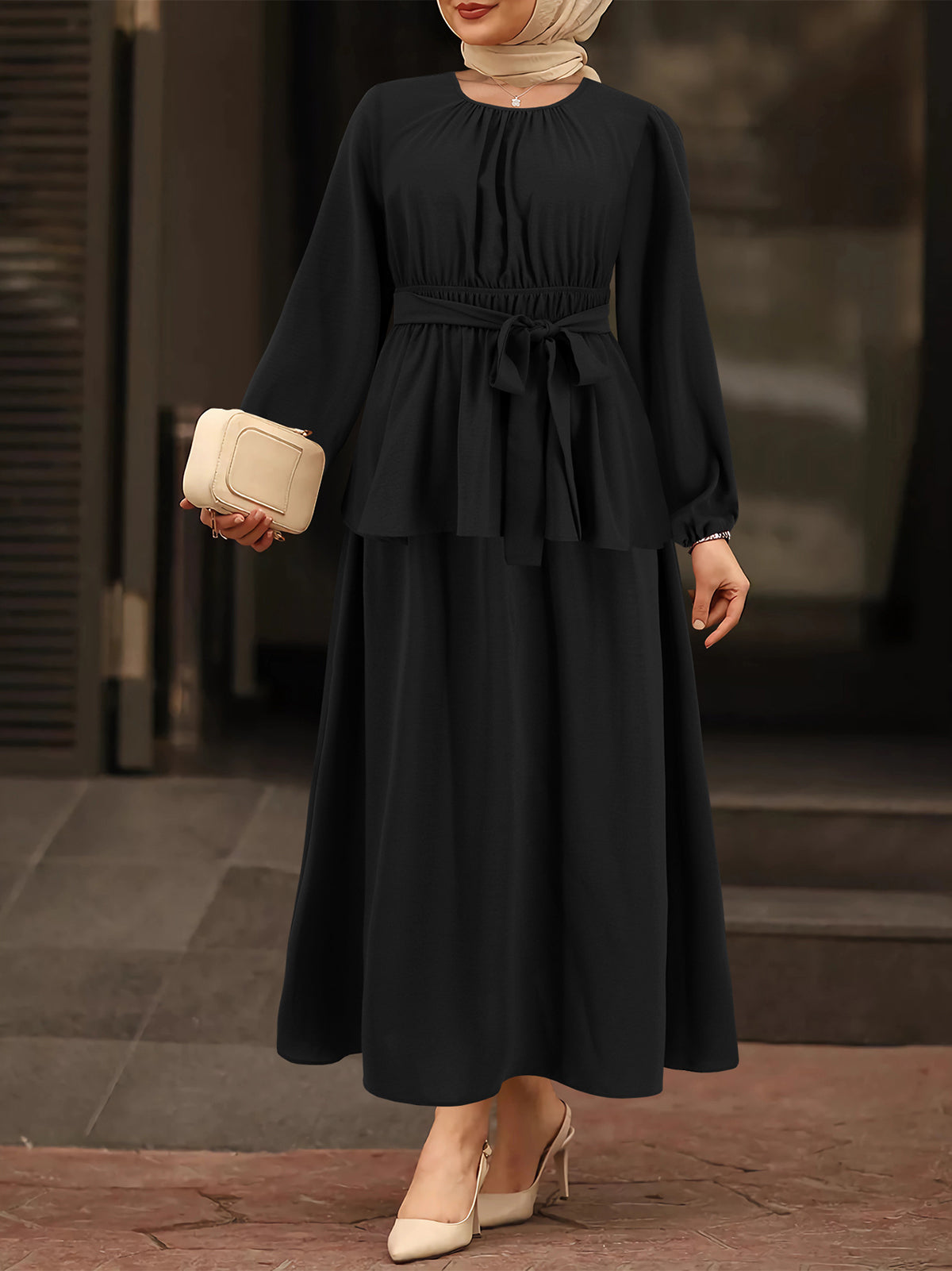 Solid Color Muslim Long Sleeve Midi Skirt Two Piece Set