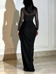 Rhinestone Mesh Ruched Bodycon Dress
