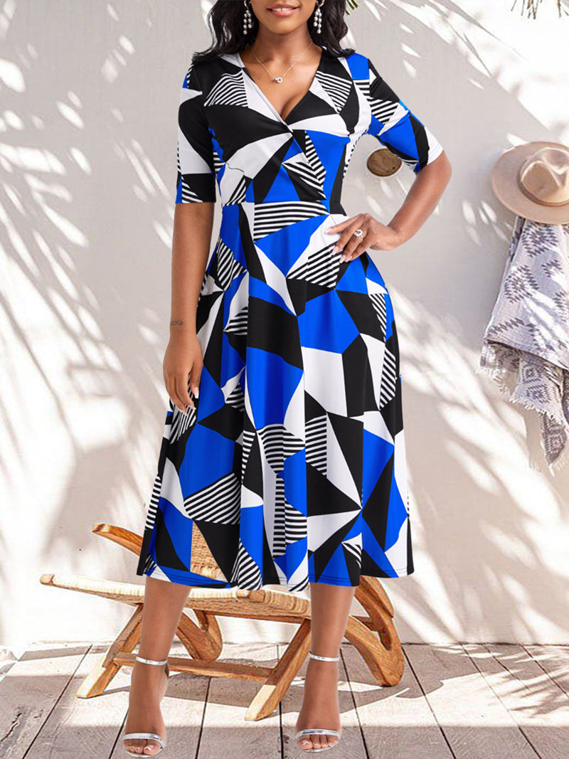 Fashion V Neck Print Short Sleeve Slim Midi Dress