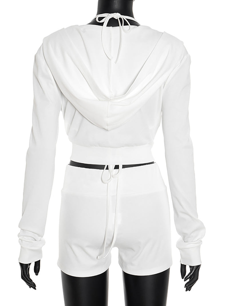 Fashion Hooded Cropped Coat Shorts Three Piece Set