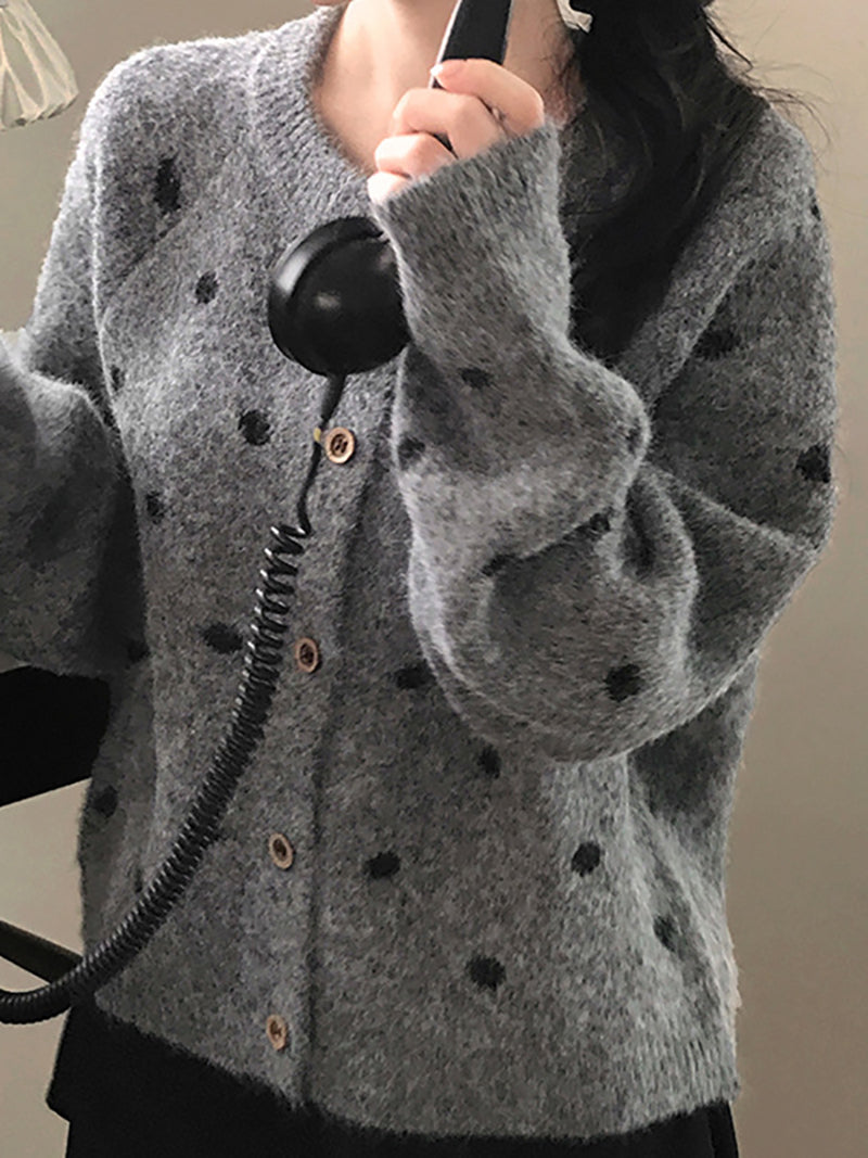 Fashion Round Neck Polka Dot Knit Cardigan Sweater