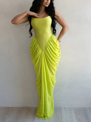 Sexy Sleeveless Solid Chiffon Pleated Maxi Dress