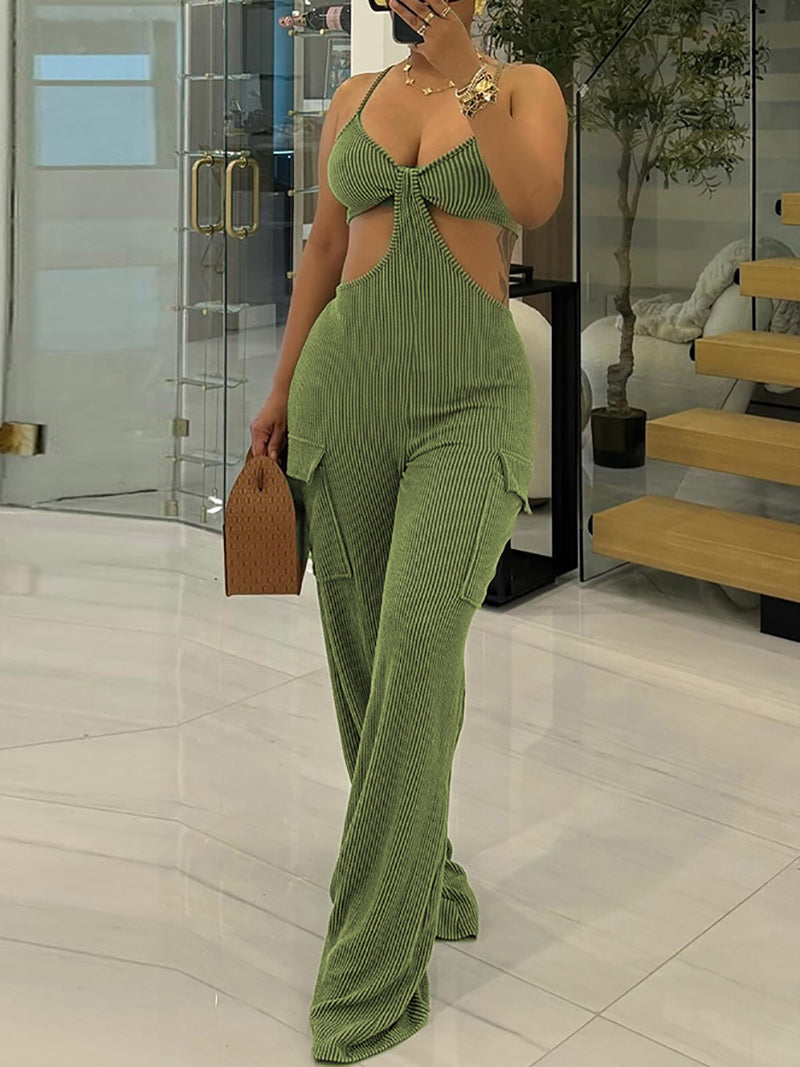 Ribbed Hollow-out V Neck Backless Jumpsuit