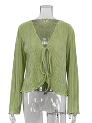 Sexy V Neck Lace-up Flared Sleeve Pleated Shirt