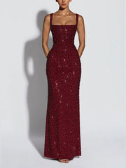 Sexy Elegant Sequin Embellished Cinched Waist Slim Maxi Dress