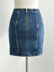 Gold Buckle Slit Denim Mini Skirt
