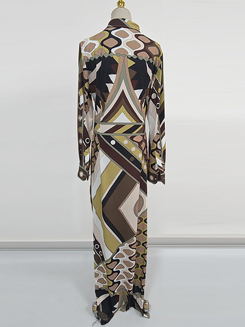 Retro Abstract Print Long Sleeve Maxi Dress