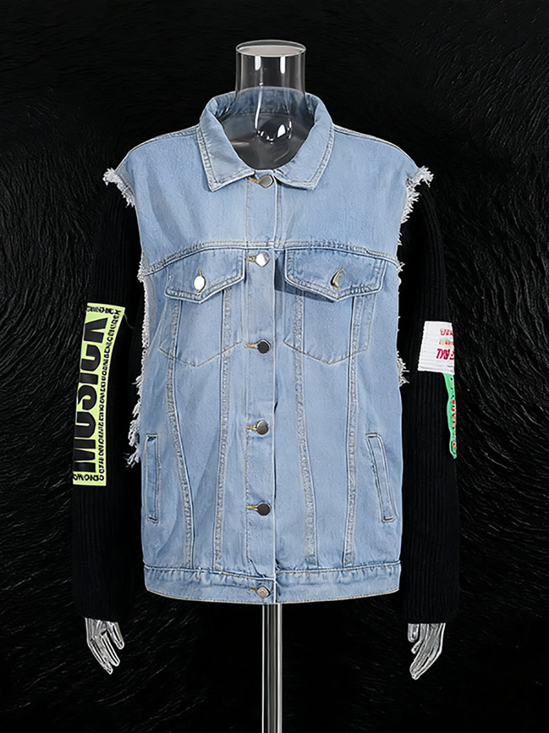Knit Long Sleeve Patchwork Single-breasted Denim Jacket
