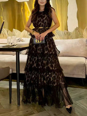 Elegant Sleeveless Leopard Print Mesh Tiered Maxi Dress