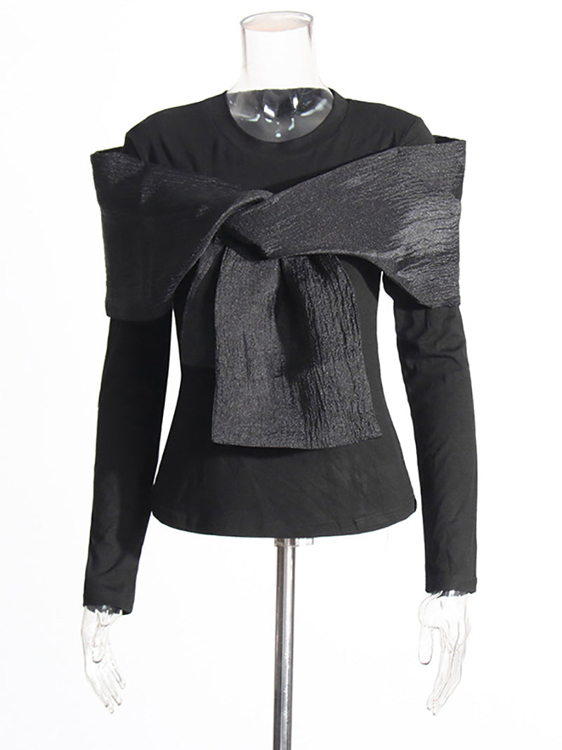 Fashion Round Neck Long Sleeve Cross Bowknot T Shirt