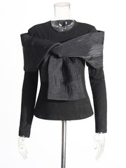 Fashion Round Neck Long Sleeve Cross Bowknot T Shirt
