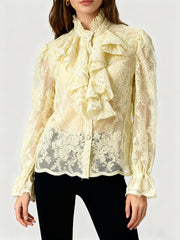 Vintage Mesh Sheer Lace Ruffle Blouse