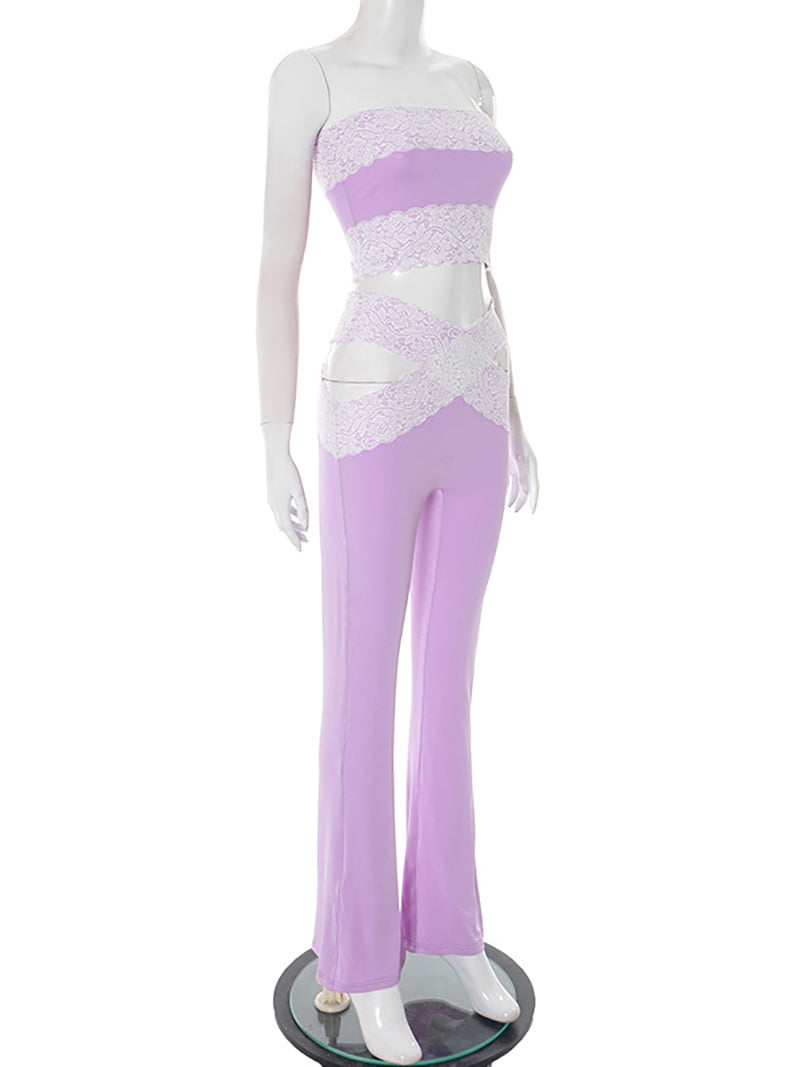 Sexy Lace Strapless Top Cross Hollow Trousers Sets