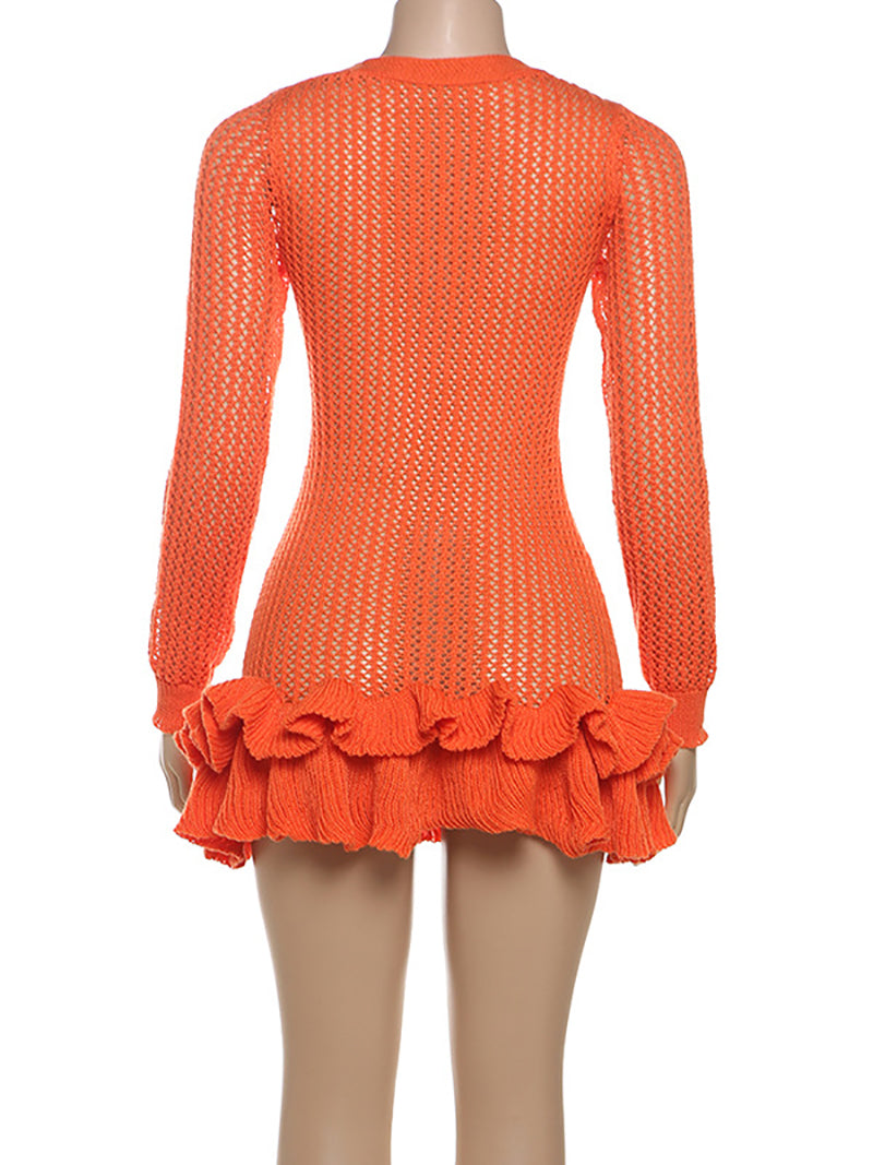 Ruffle Edge V Neck Fitted Sweater Mini Dress