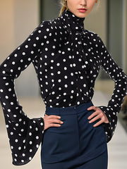 Bow Lace-Up Neck Mesh Long Sleeve Polka Dot Print Top