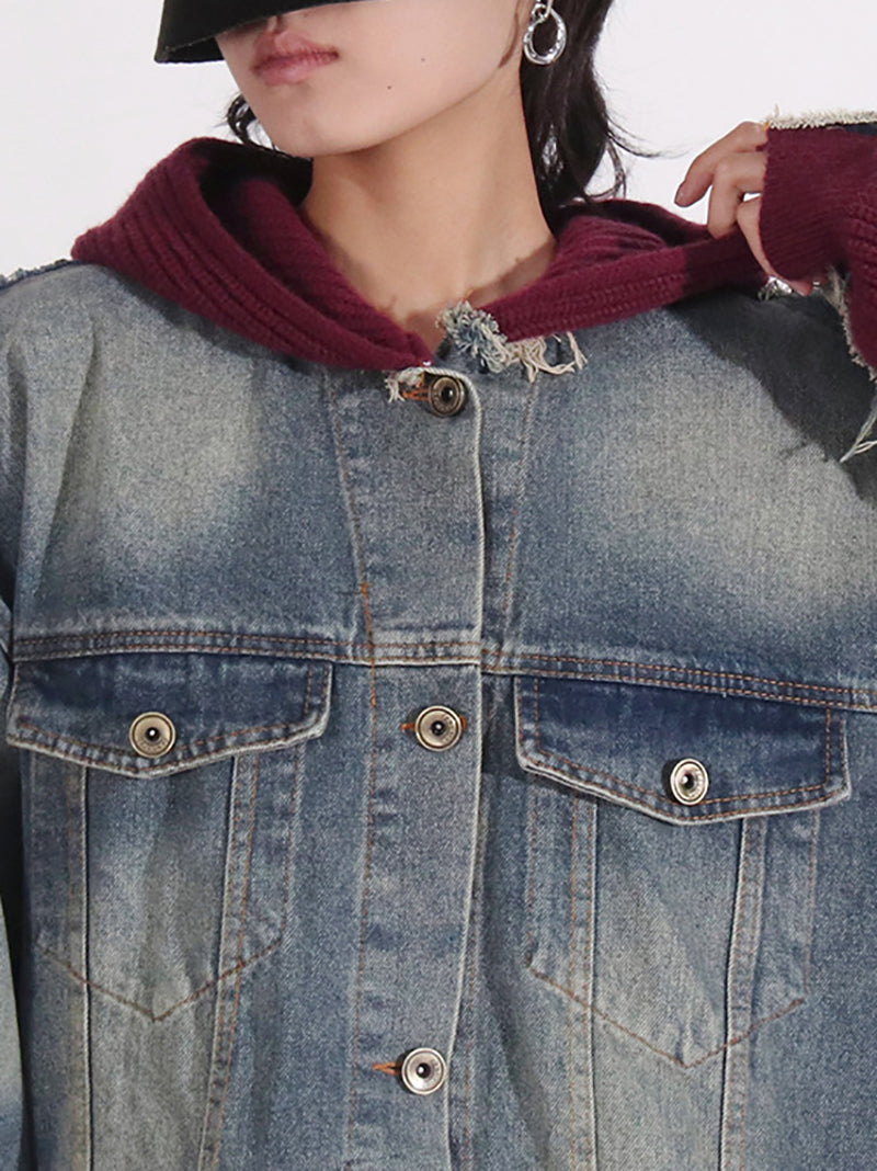 Casual Hooded Denim Patchwork Cardigan Jacket Coat