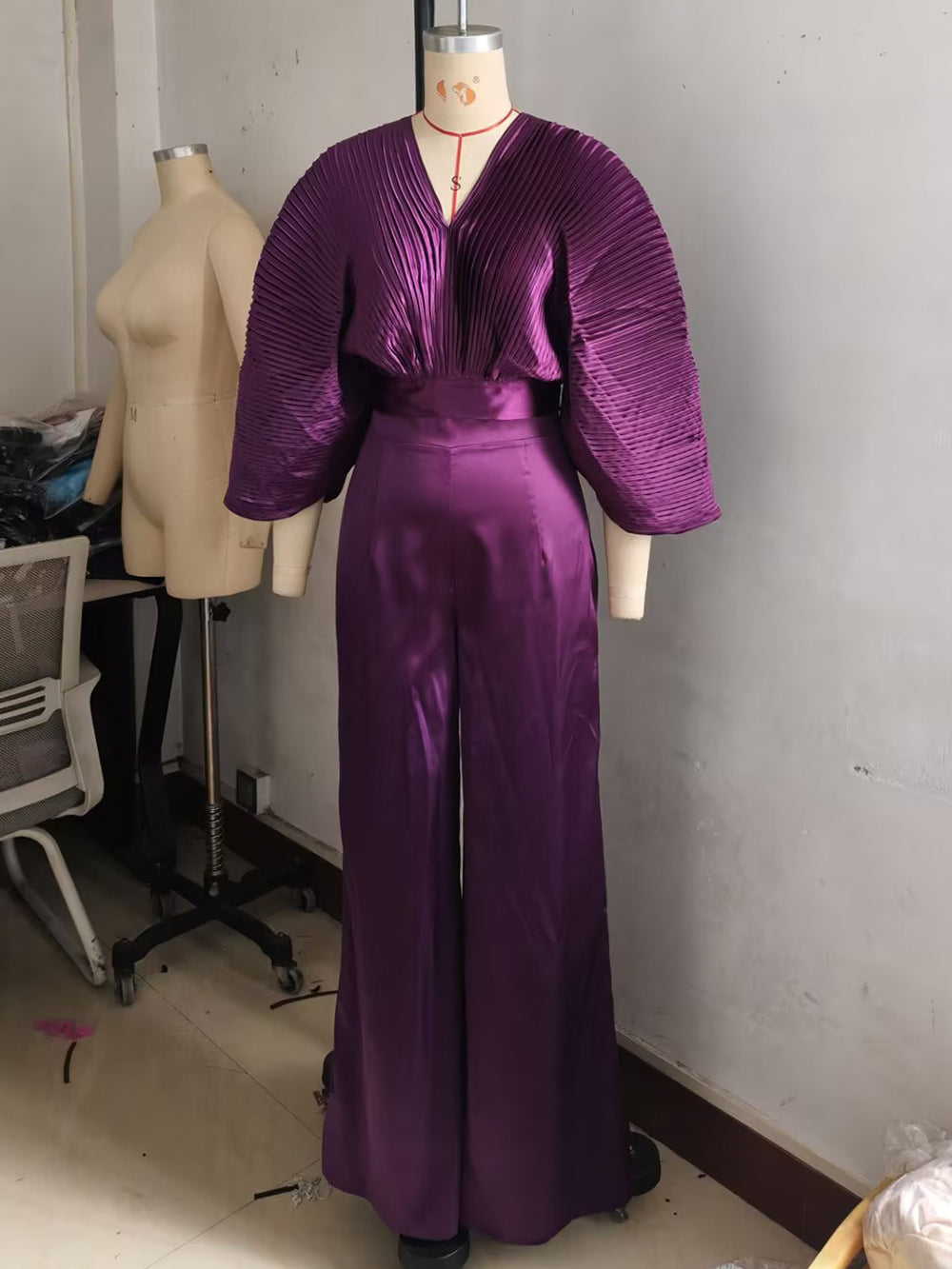 Casual V-neck Batwing Sleeve Shirt High Waist Pants Set