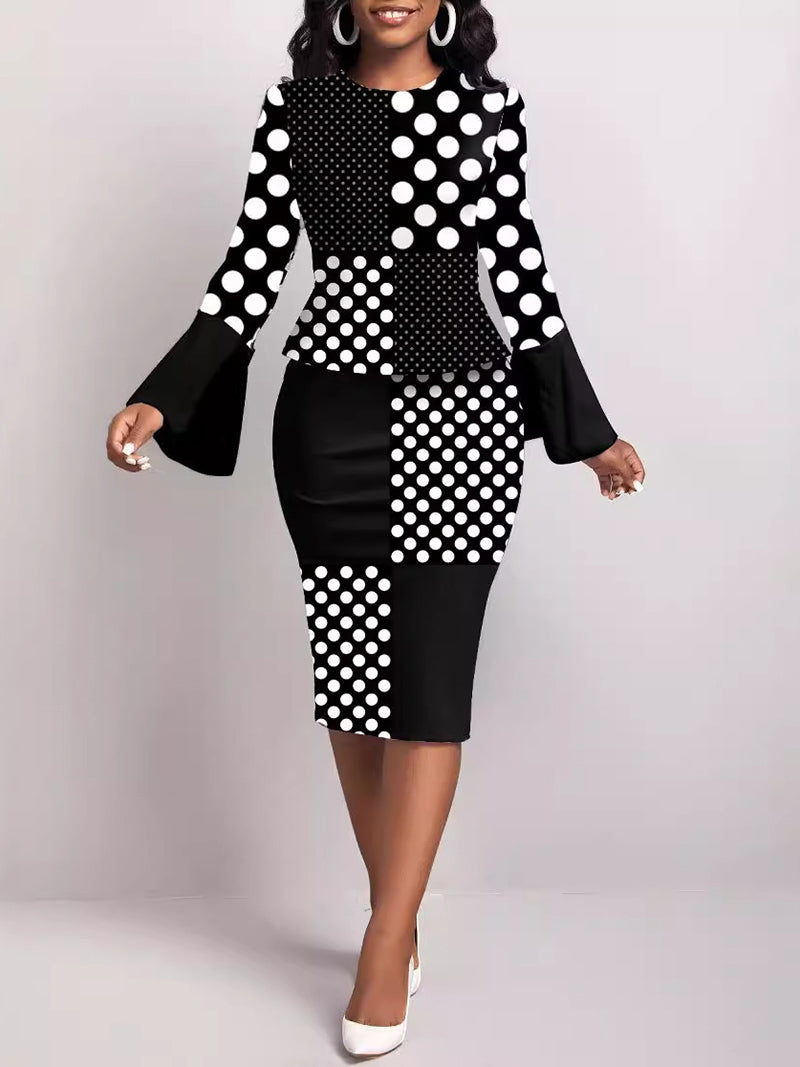 Elegant Long Sleeve Polka Dot Print Pencil Dress