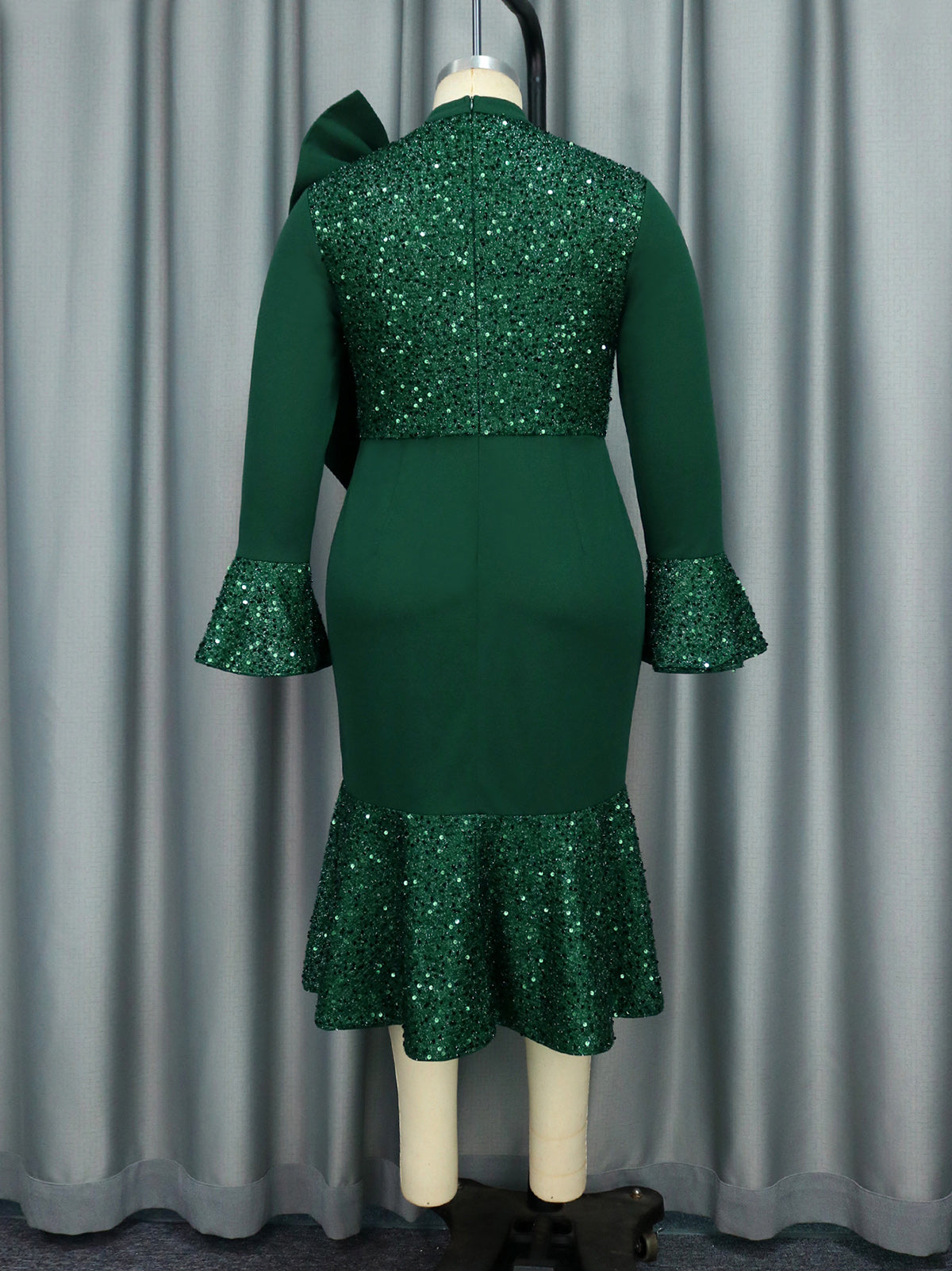 Turtleneck Bowknot Sequins Flared Cuff Slim Dress