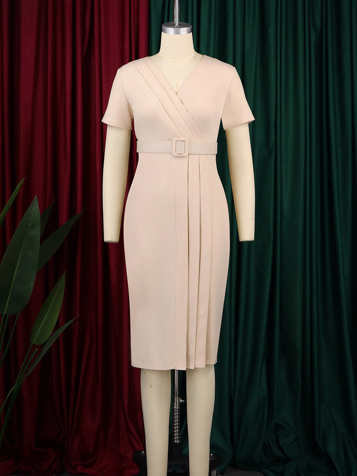 Fashion Short Sleeve V-Neck Belted Slim Midi Dress