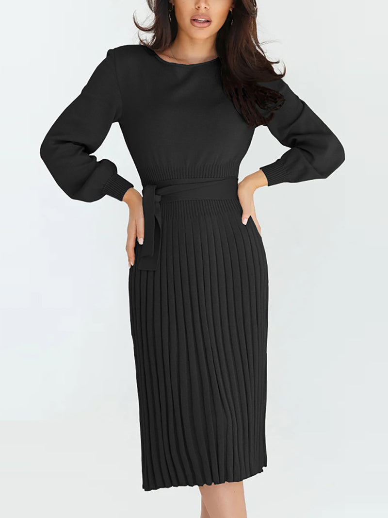 Fashion Round Neck Knit Pleated Sweater Dress