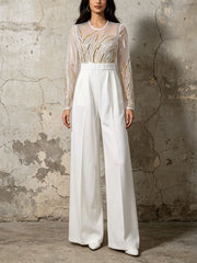 Sequin Sheer Mesh Bodice Patchwork High Waist Jumpsuit