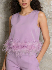 Fashion Round Neck Sleeveless Feather Design Vest Top