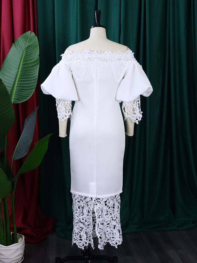 Elegant Off Shoulder Puff Sleeve Patchwork Lace Dress