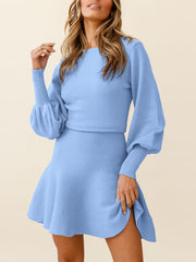 Solid Round Neck Lantern Sleeve Sweater Dress