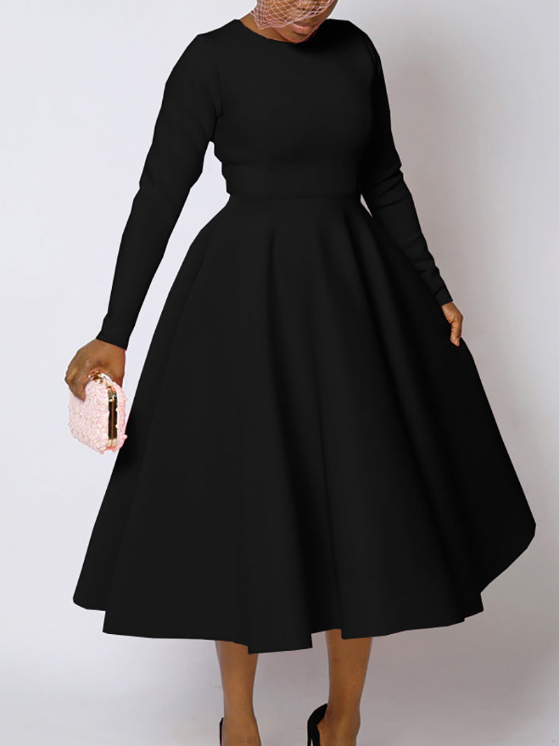 Elegant Round Collar Cinched Waist A-Line Dress