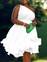 One Shoulder Lace-up Cinched Waist Pleated Midi Dress