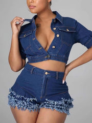 Casual Crop Denim Top Tassels Shorts Two Piece Set