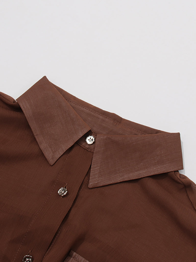 Fashion Turn-down Collar Mesh Shirt And Pants Set