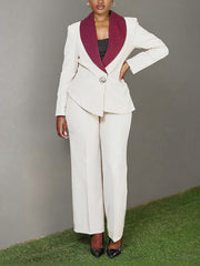 Fashion Color Block Lapel Slim Blazer Suit Pant Set