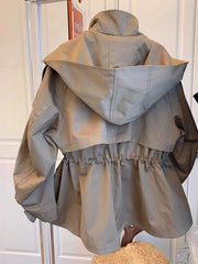 High Collar Drawstring Zip Jacket
