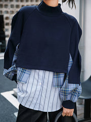 Round Neck Casual Loose Patchwork Button Hoodie