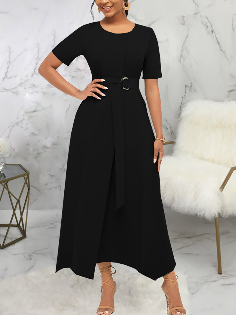 Elegant Round Neck Belted Hem Maxi Dress