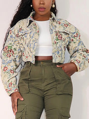 Printed Button-Front Cropped Jacket