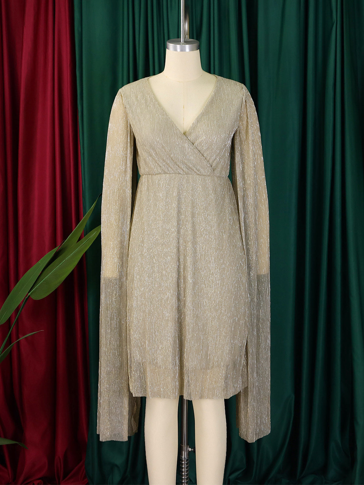 Elegant V Neck Sparkle Cape Dress