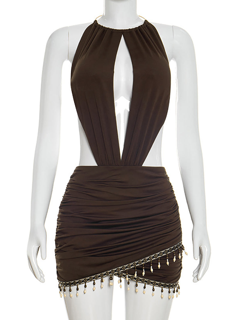 Sexy Hollow Halter Backless Bodycon Mini Dress