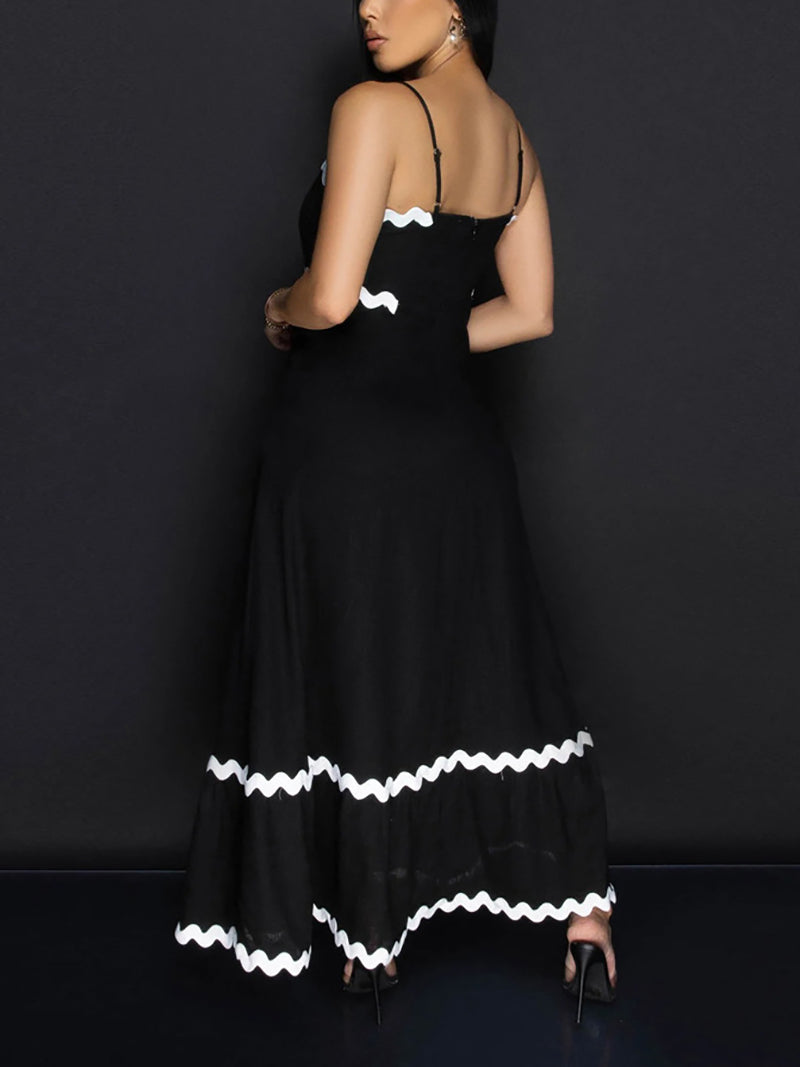 Spaghetti Straps Wave Ribbon Patchwork Maxi Dress