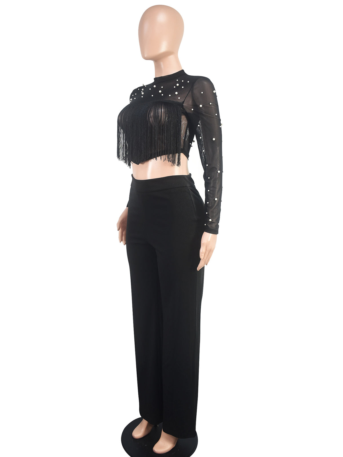 See Through Beading Fringe Cropped Pant Sets