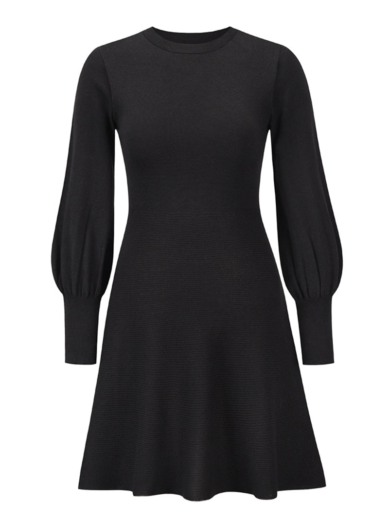 Solid Round Neck Lantern Sleeve Sweater Dress