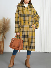 Wool Blend Plaid Lapel Double Breasted Coat